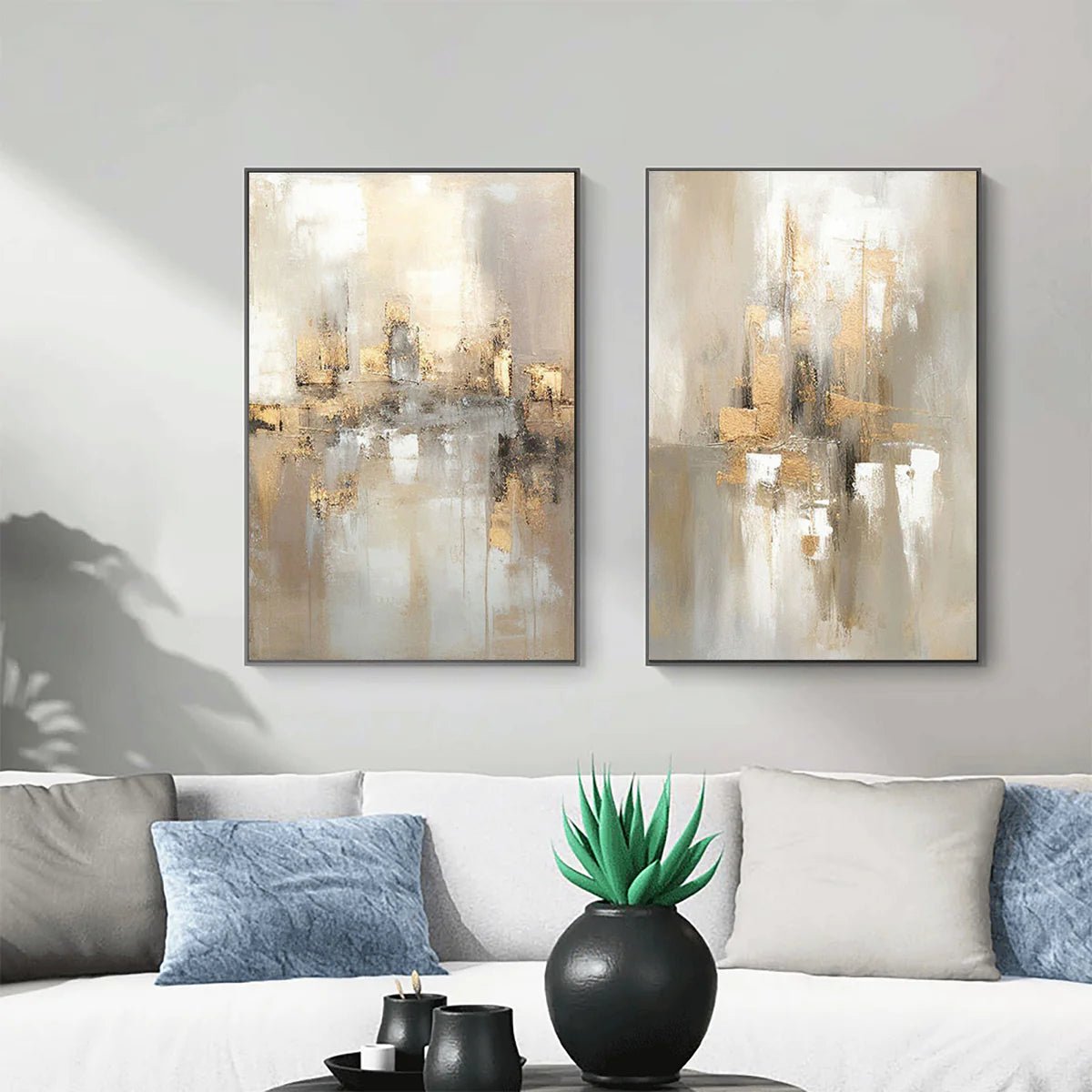 Gold Abstract Wall Art Set of 2 "Luminous Echoes" - nukeart