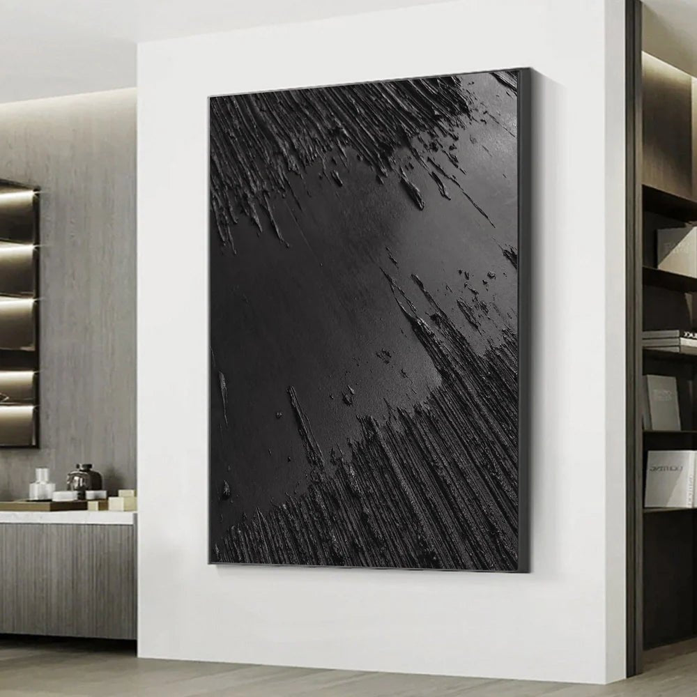 Black Textured Abstract Wall Art "Obsidian Fracture" - nukeart