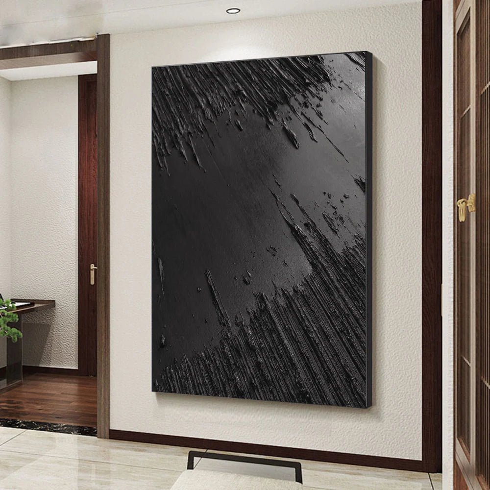 Black Textured Abstract Wall Art "Obsidian Fracture" - nukeart