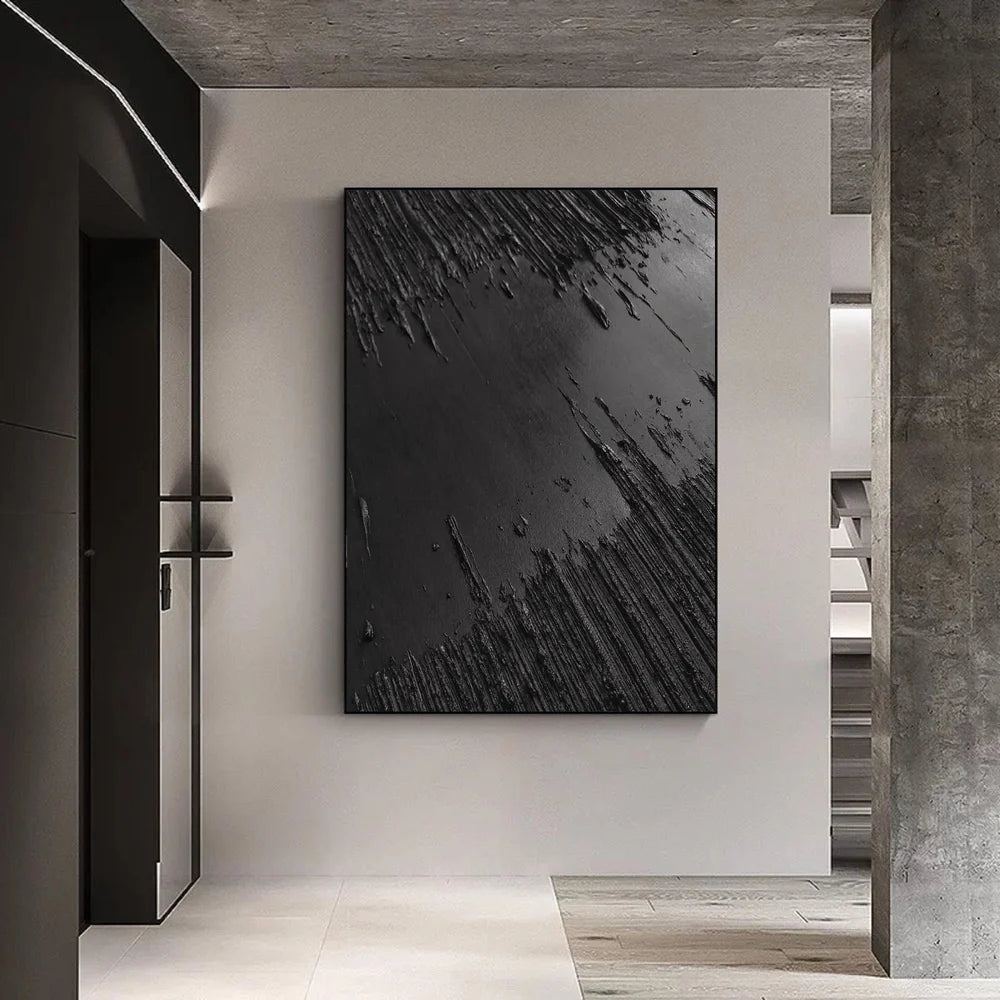 Black Textured Abstract Wall Art "Obsidian Fracture" - nukeart