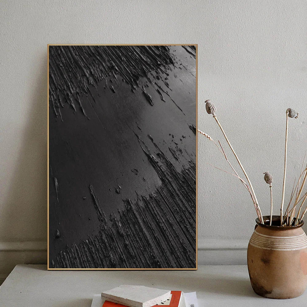Black Textured Abstract Wall Art "Obsidian Fracture" - nukeart