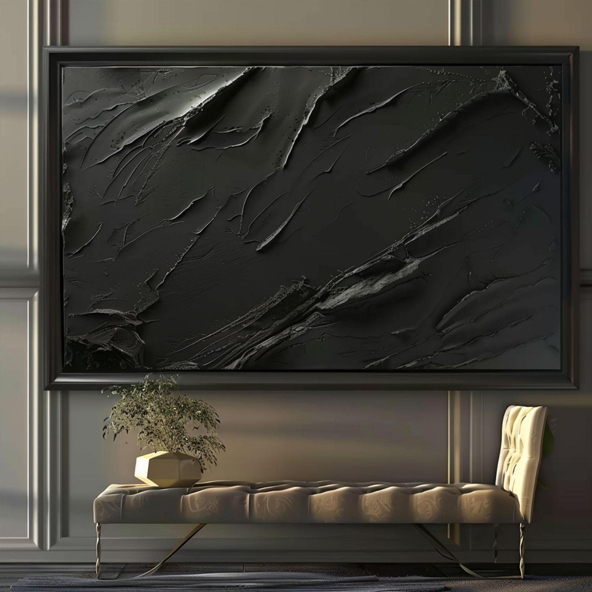 Arte abstracto negro texturizado en 3D "El abrazo eterno de las sombras" 