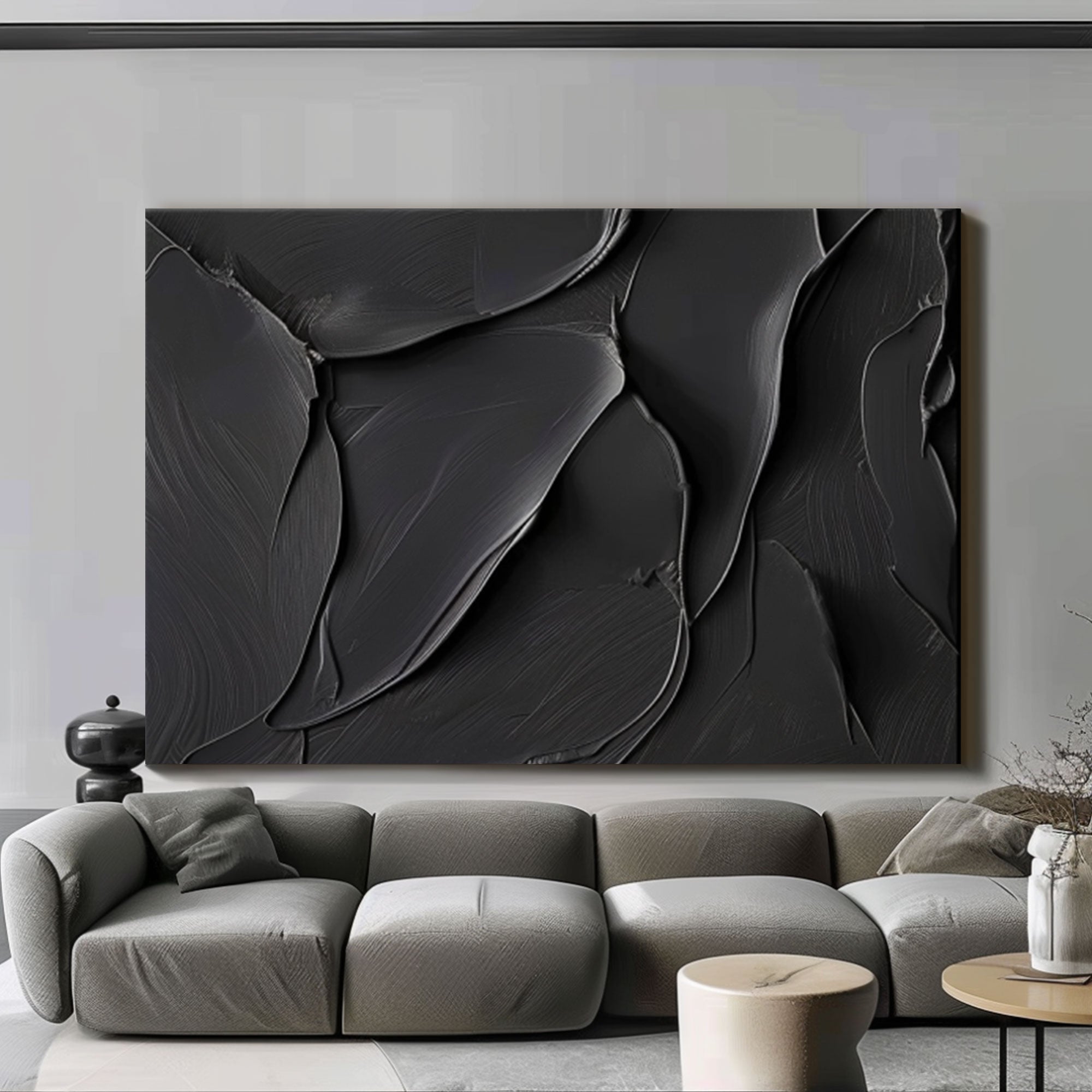 Art abstrait noir texturé 3D / Peinture d’art Wabi Sabi « Étreinte éternelle » 