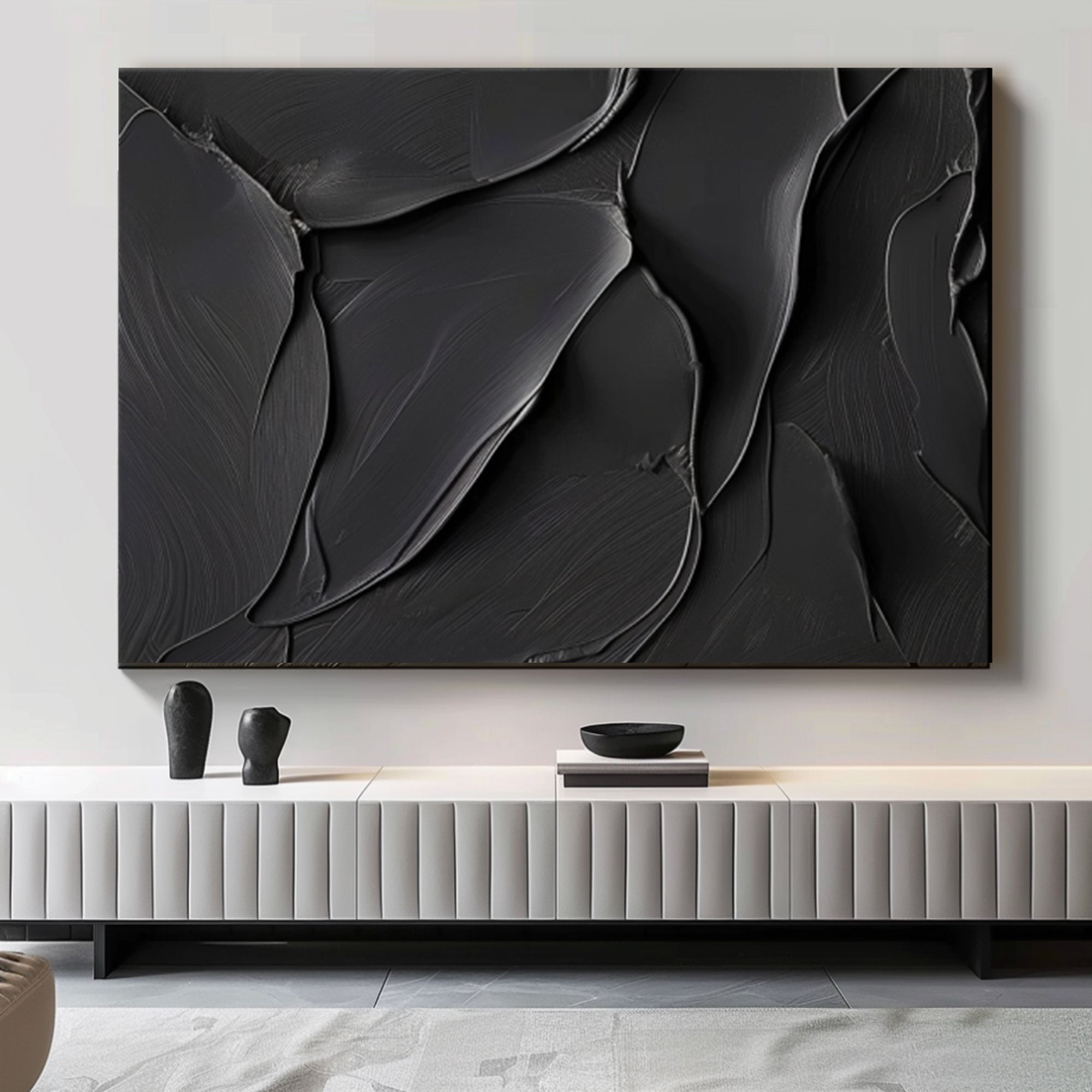 Art abstrait noir texturé 3D / Peinture d’art Wabi Sabi « Étreinte éternelle » 