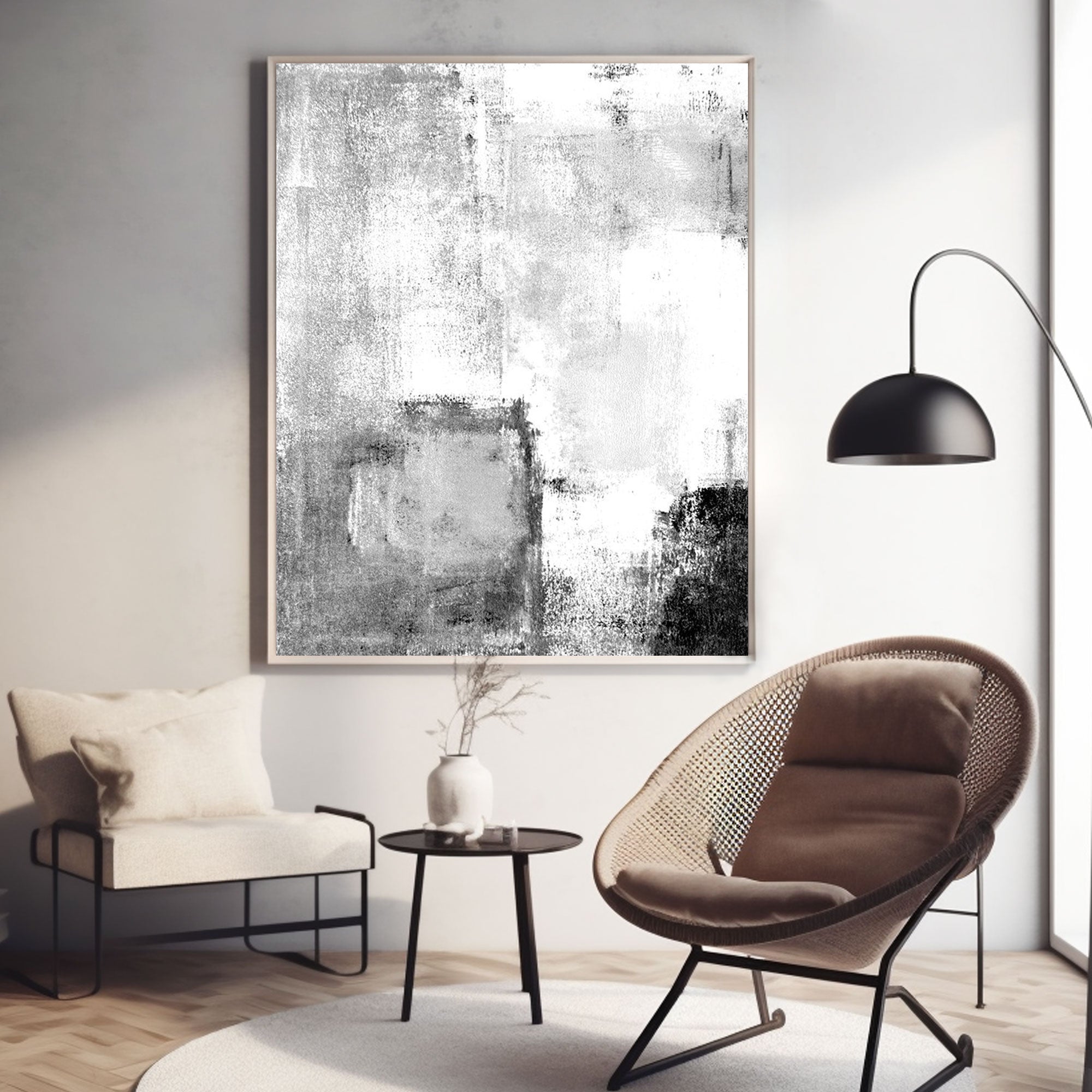 Pintura abstracta minimalista en blanco y negro "Susurros en monocromo" 