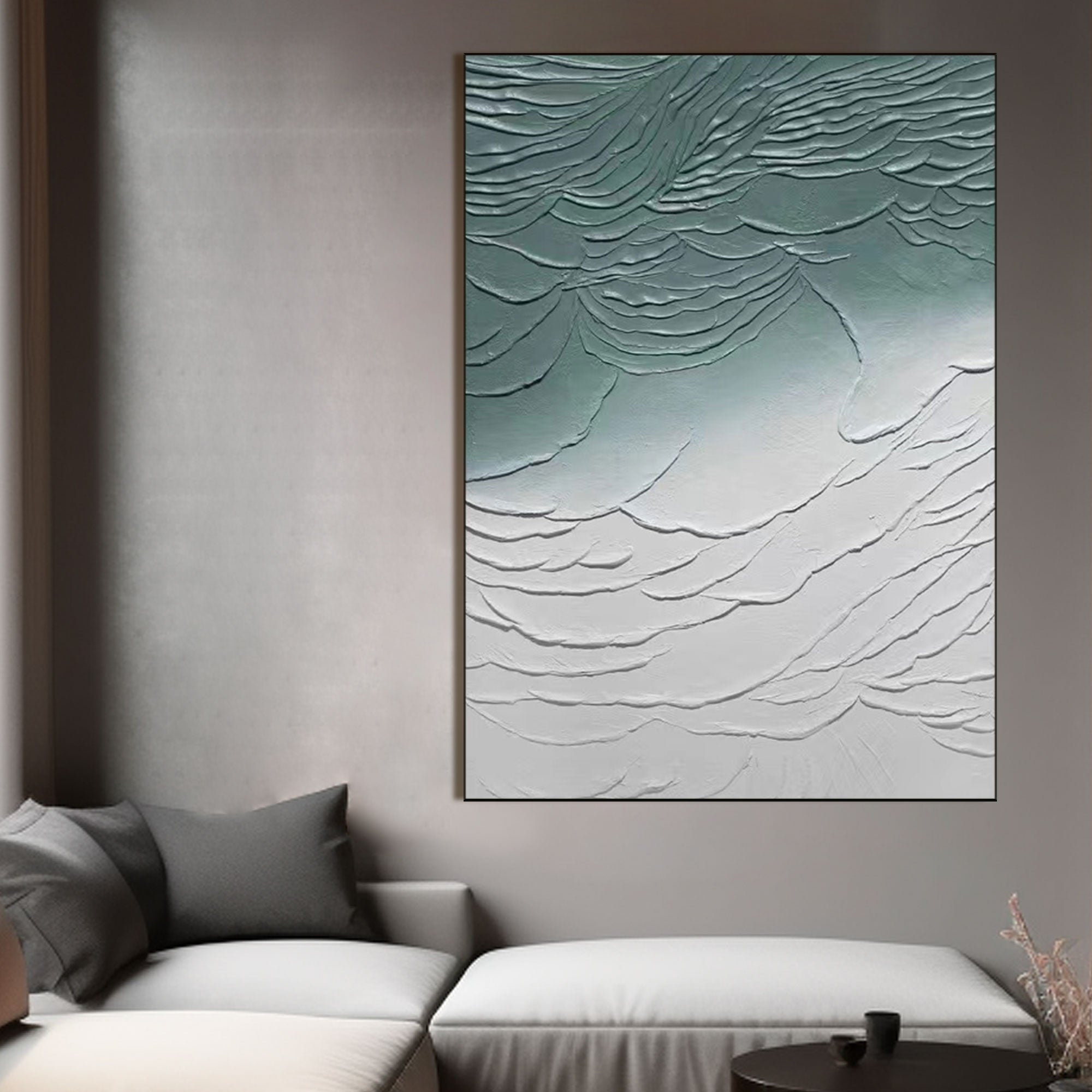 Pintura abstracta azul y blanca "Sea Whispers"