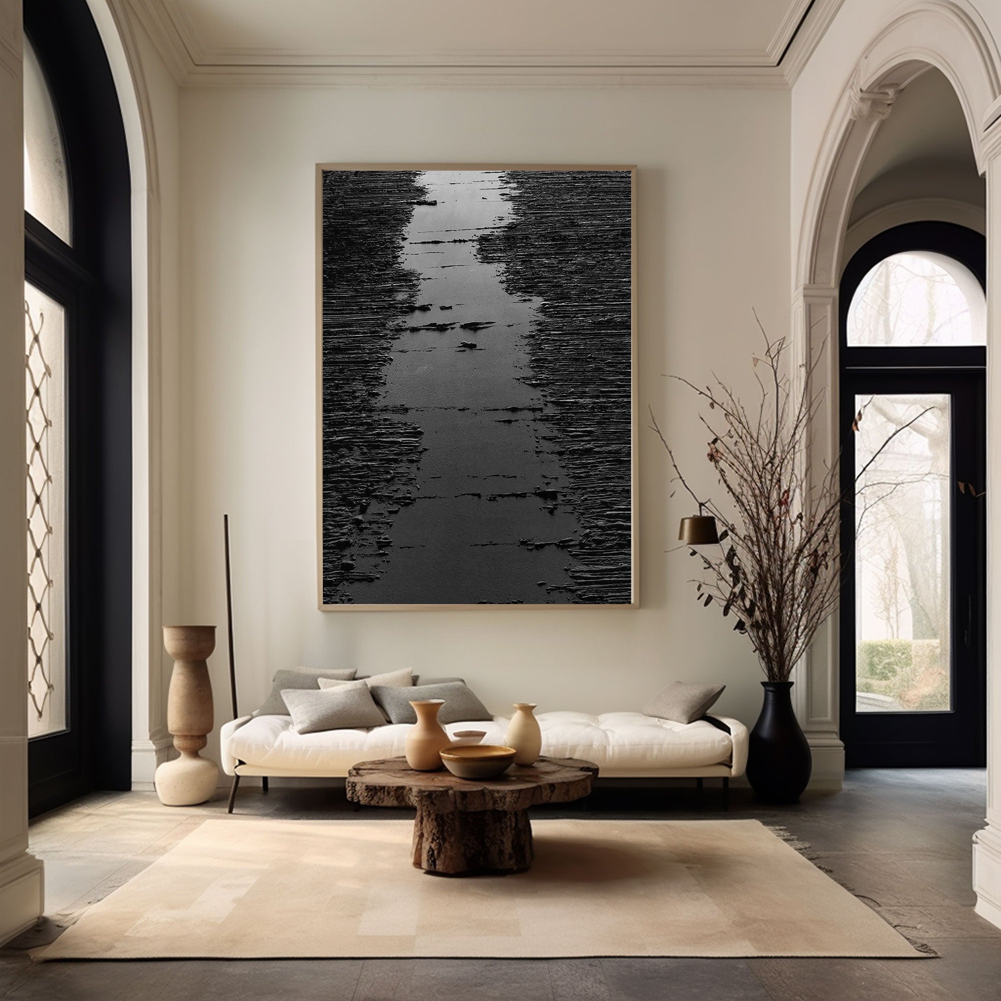 Peinture à l’huile noire minimaliste « Chemin de minuit »
