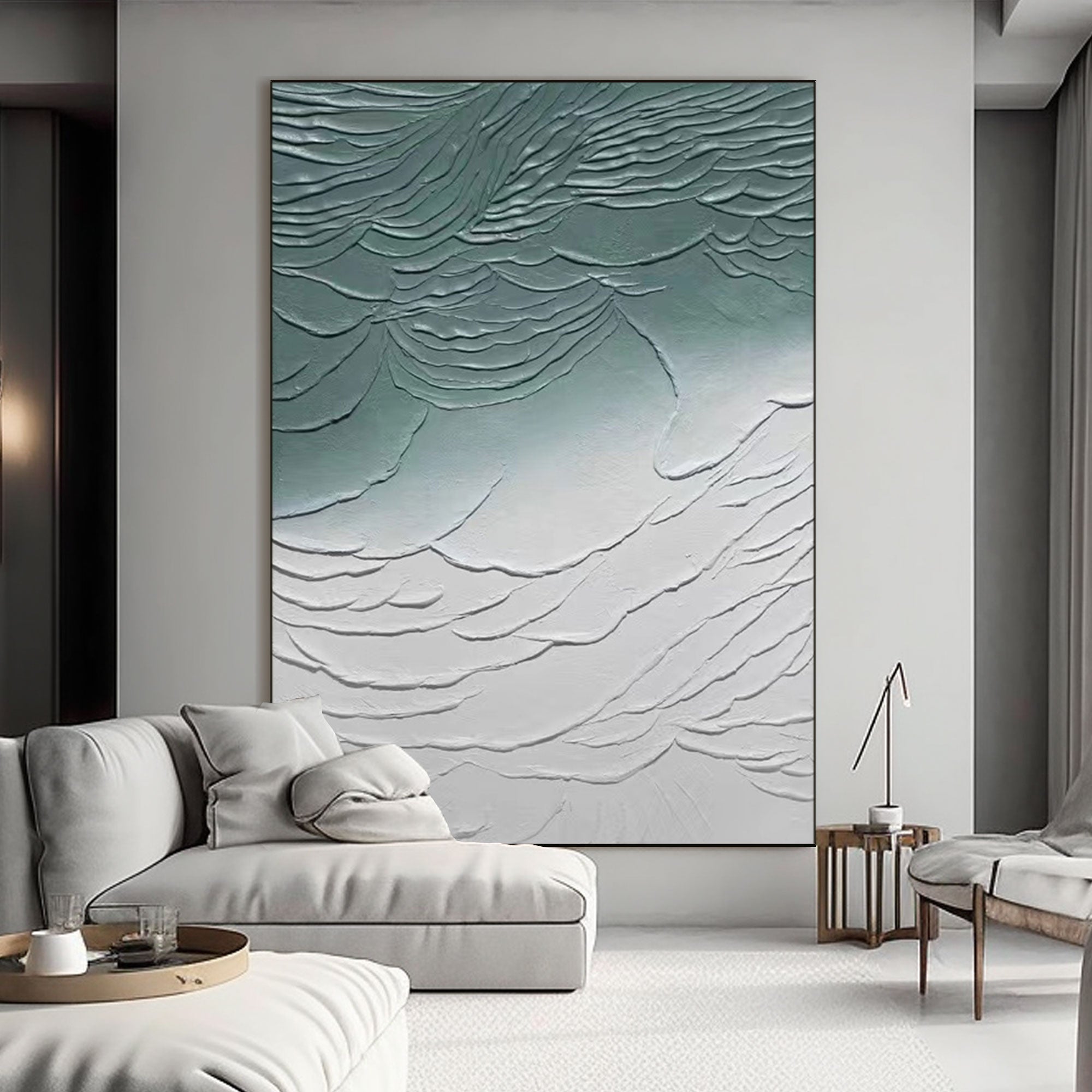 Pintura abstracta azul y blanca "Sea Whispers"