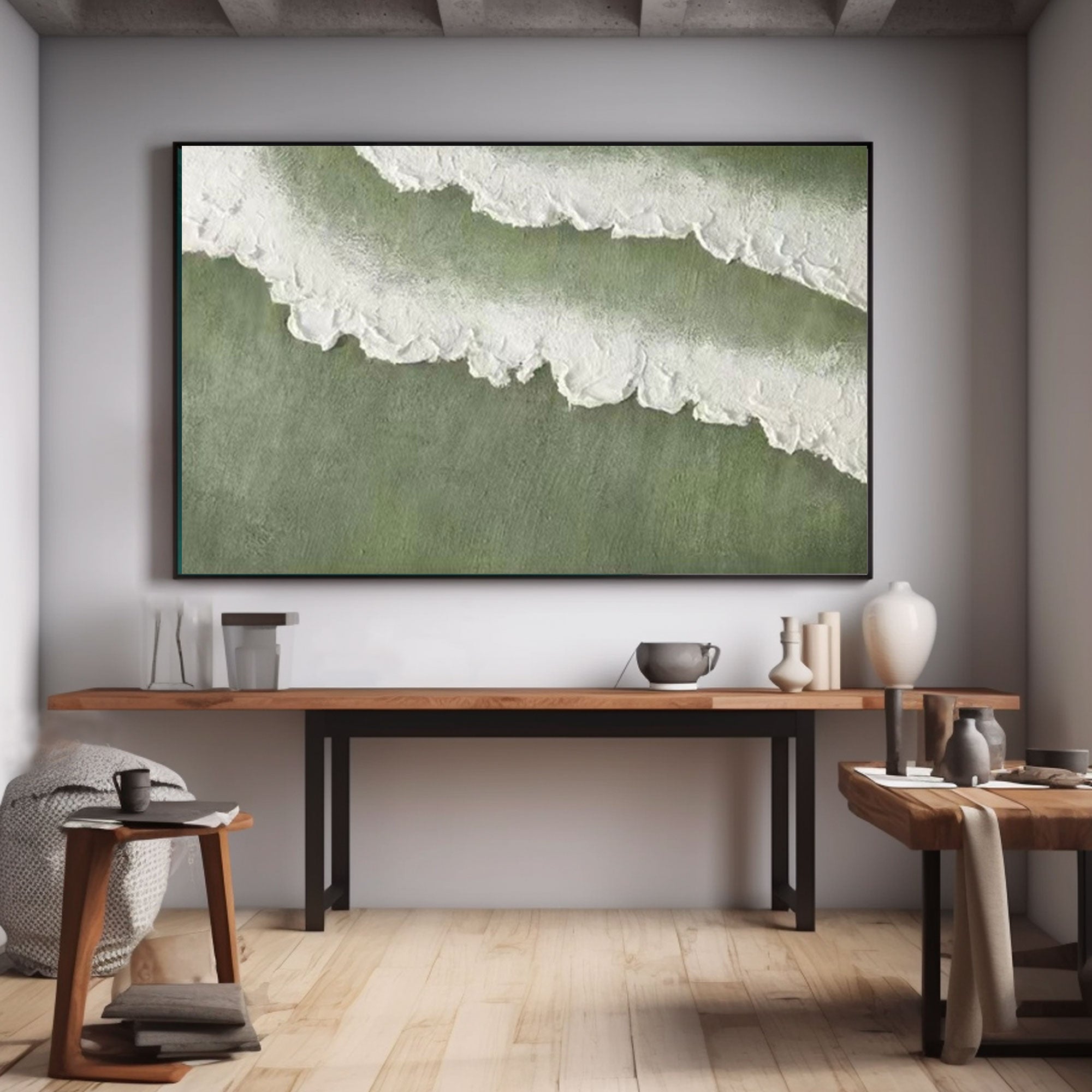 Abstract Green&White Painting  "Ethereal Tide"