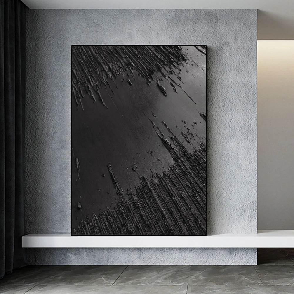 Black Textured Abstract Wall Art "Obsidian Fracture" - nukeart
