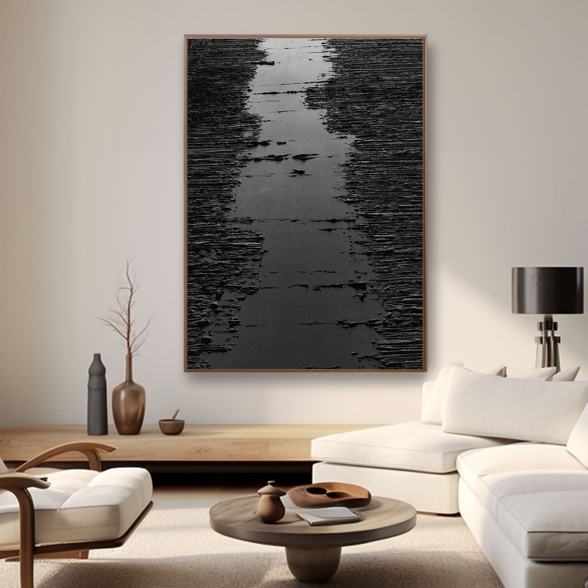 Peinture à l’huile noire minimaliste « Chemin de minuit »