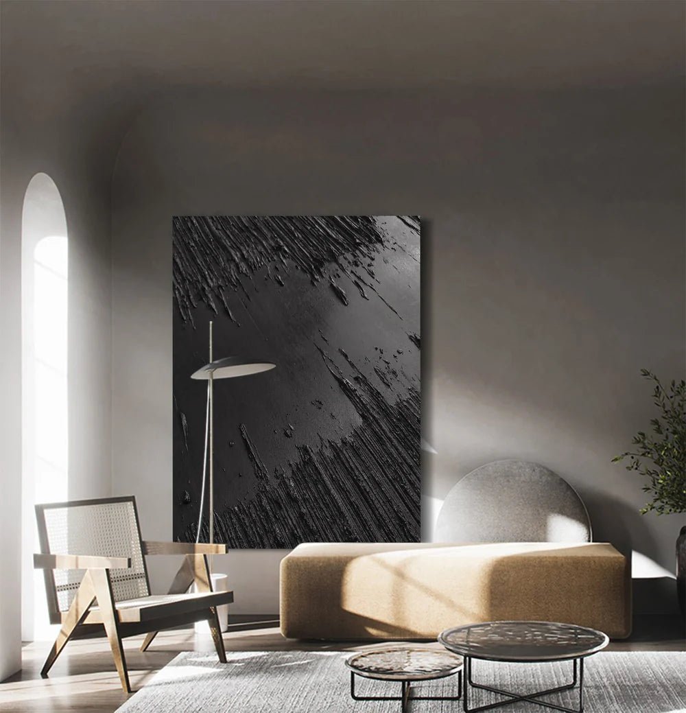 Black Textured Abstract Wall Art "Obsidian Fracture" - nukeart