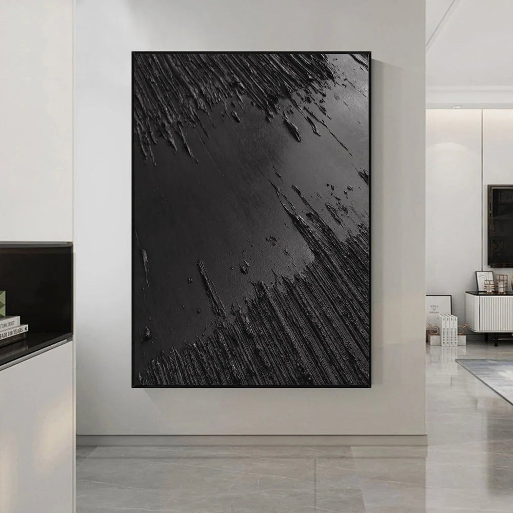 Black Textured Abstract Wall Art "Obsidian Fracture" - nukeart