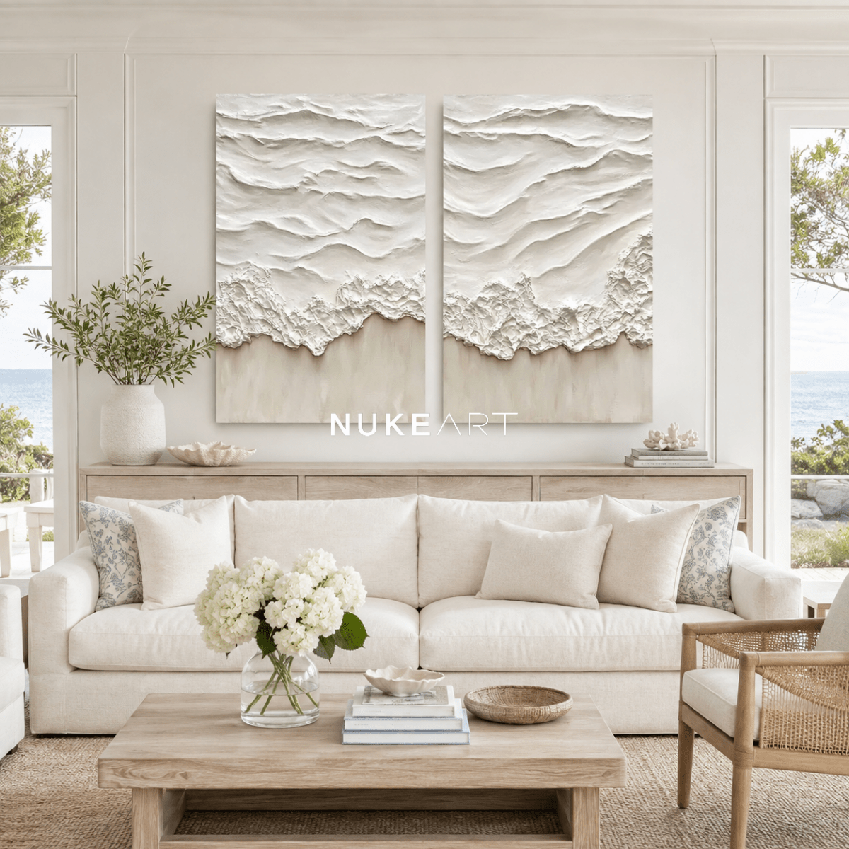 3D Textured Wall Art Set of 2 "Ivory Surf" - nukeart
