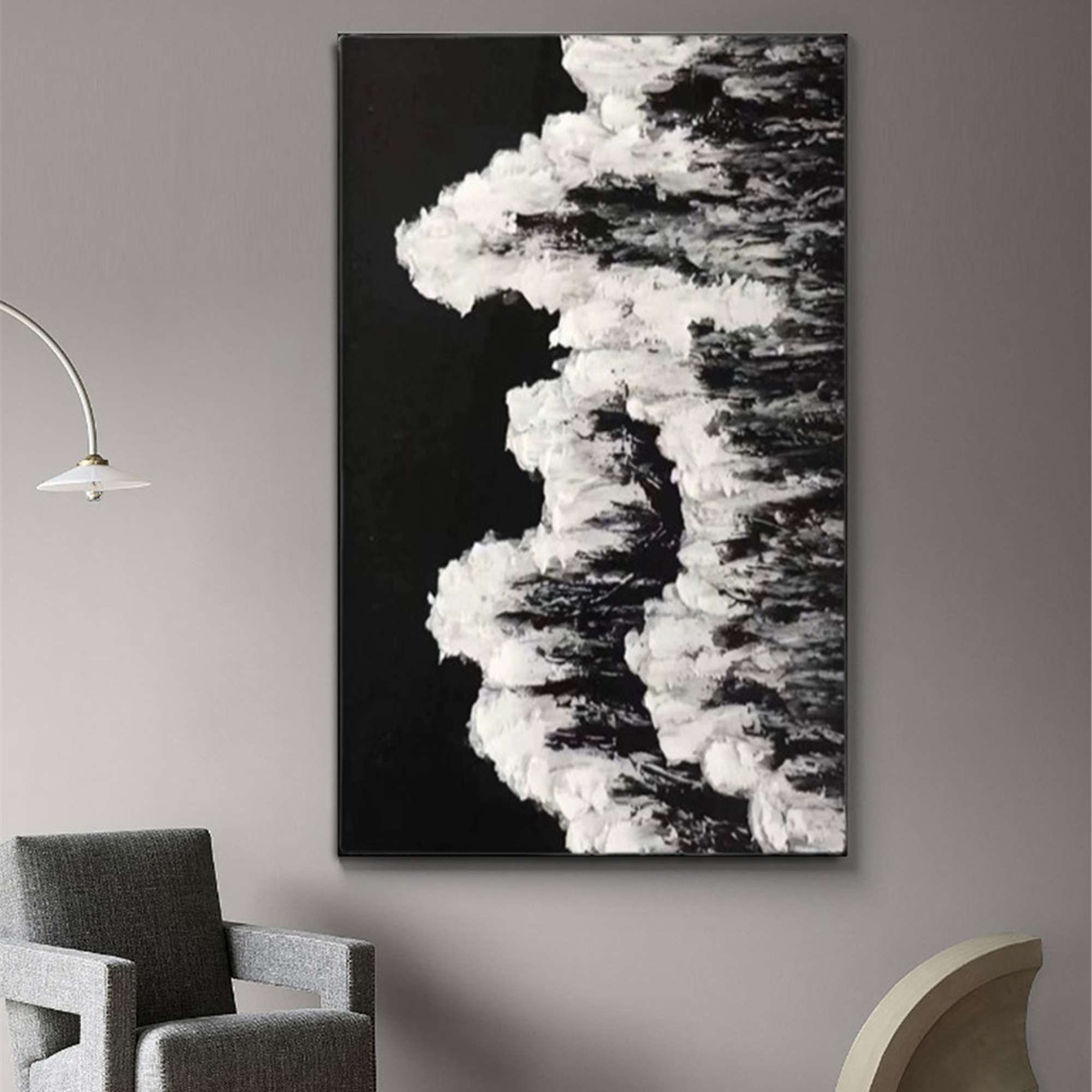 Peinture d’art minimaliste noir et blanc « Vagues » 