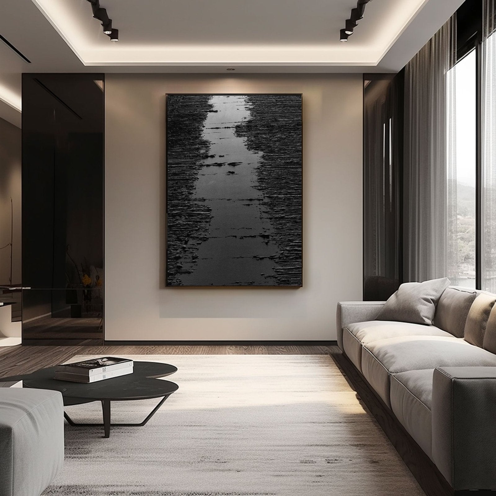 Minimalist Black Oil Painting "Midnight Path" - nukeart