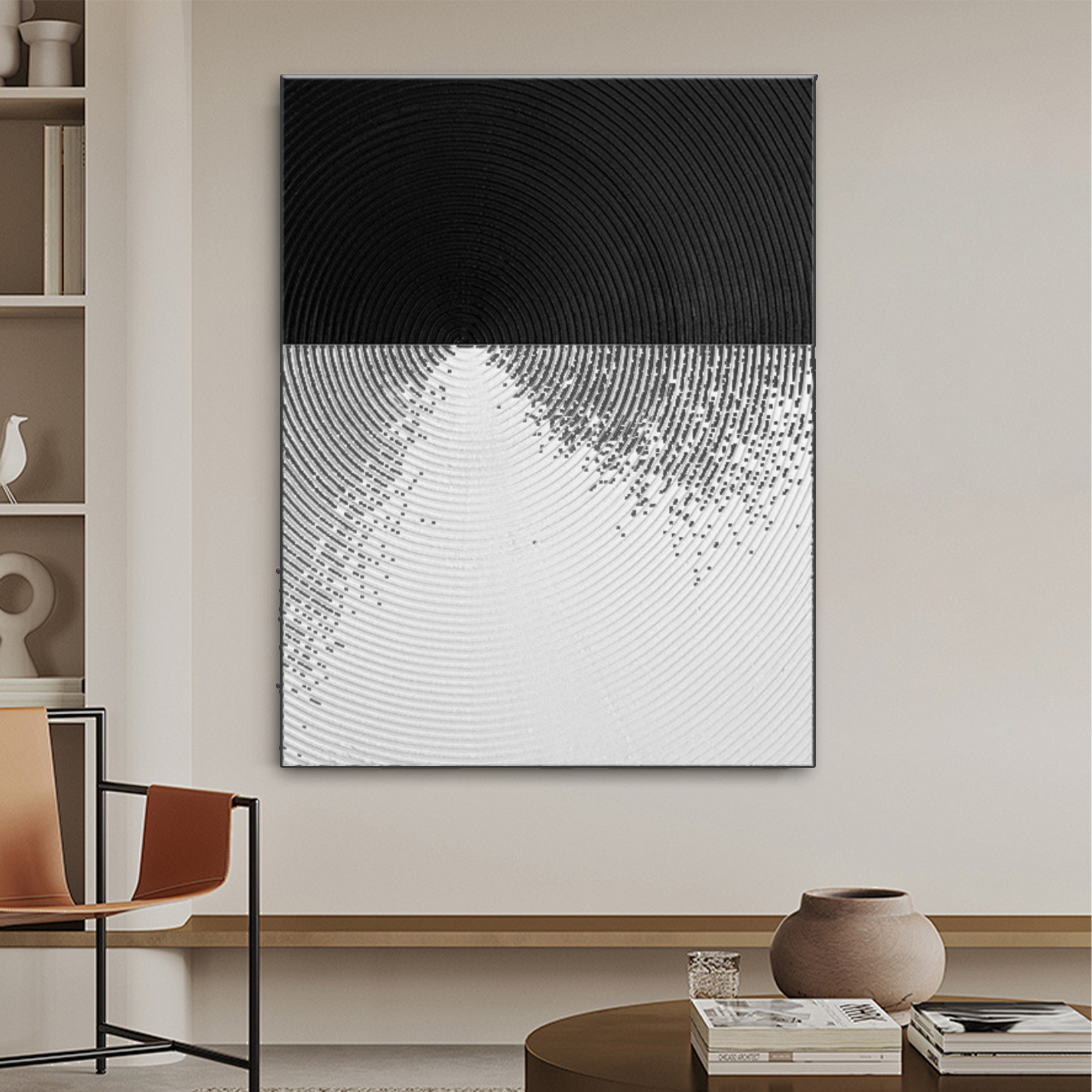 Peinture abstraite en noir et blanc Peinture d’art minimaliste moderne « Immerger »