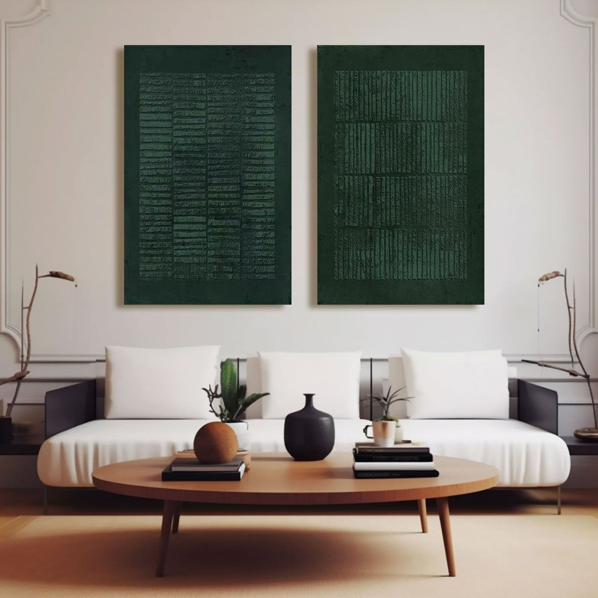 Large Green Wabi Sabi Abstract Tranquility Modern Wall Art Set of 2