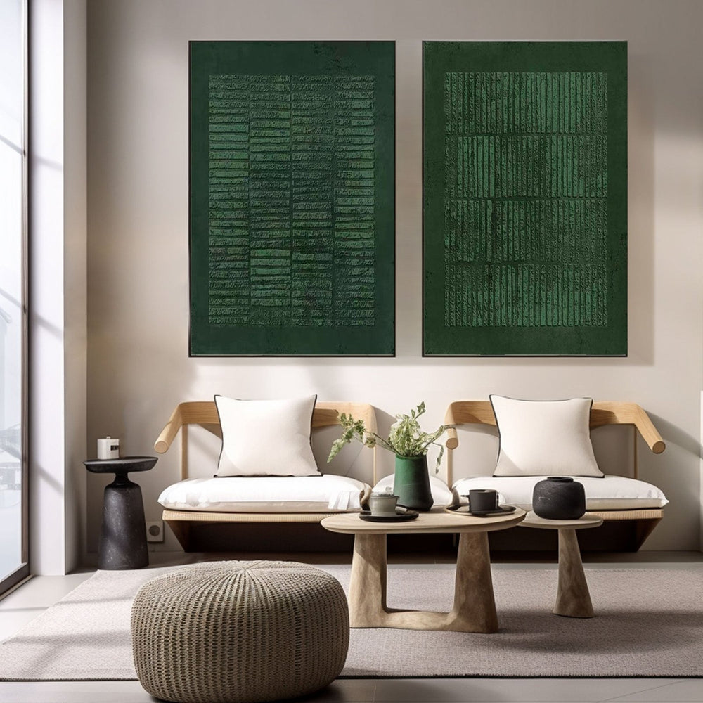 Large Green Wabi Sabi Abstract Tranquility Modern Wall Art Set of 2